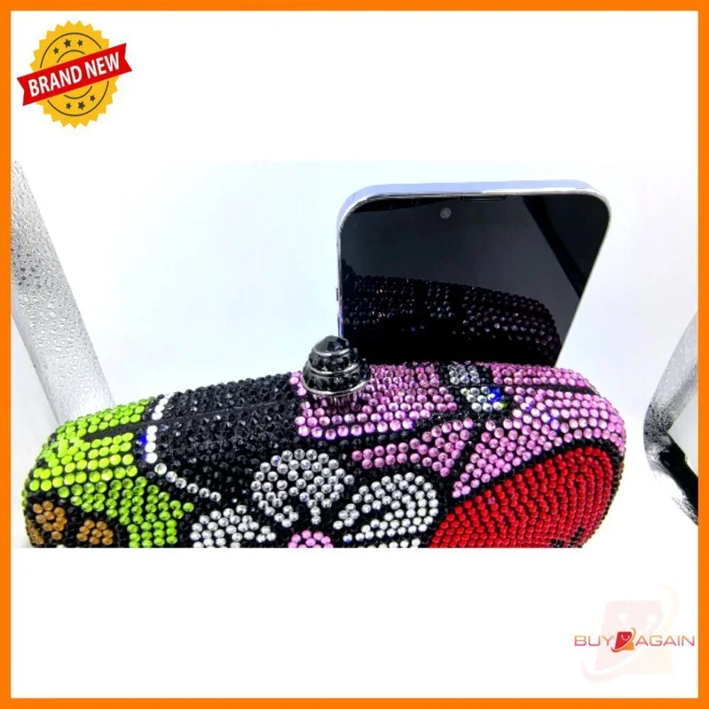 Mini Flower Crystal Clutch Evening Bag with Detachable Chain Straps